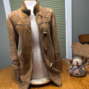 Vintage suede fur lined Afghan 70’s Boho coat. Piel Made in Spain. Size 36.